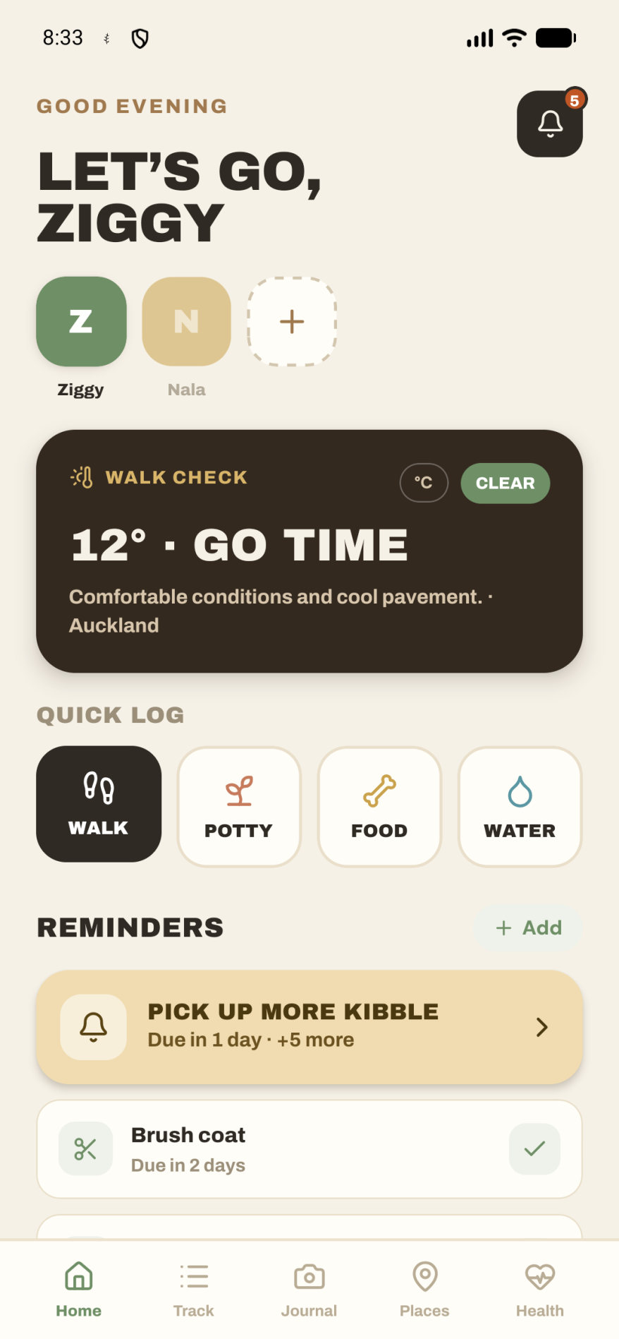 The Pup Pocket home screen, showing walk check, quick log and reminders.